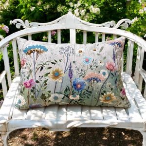At Home in the Country - NEW Rectangle Embroidered Cushion, Country flowers, blue/grey